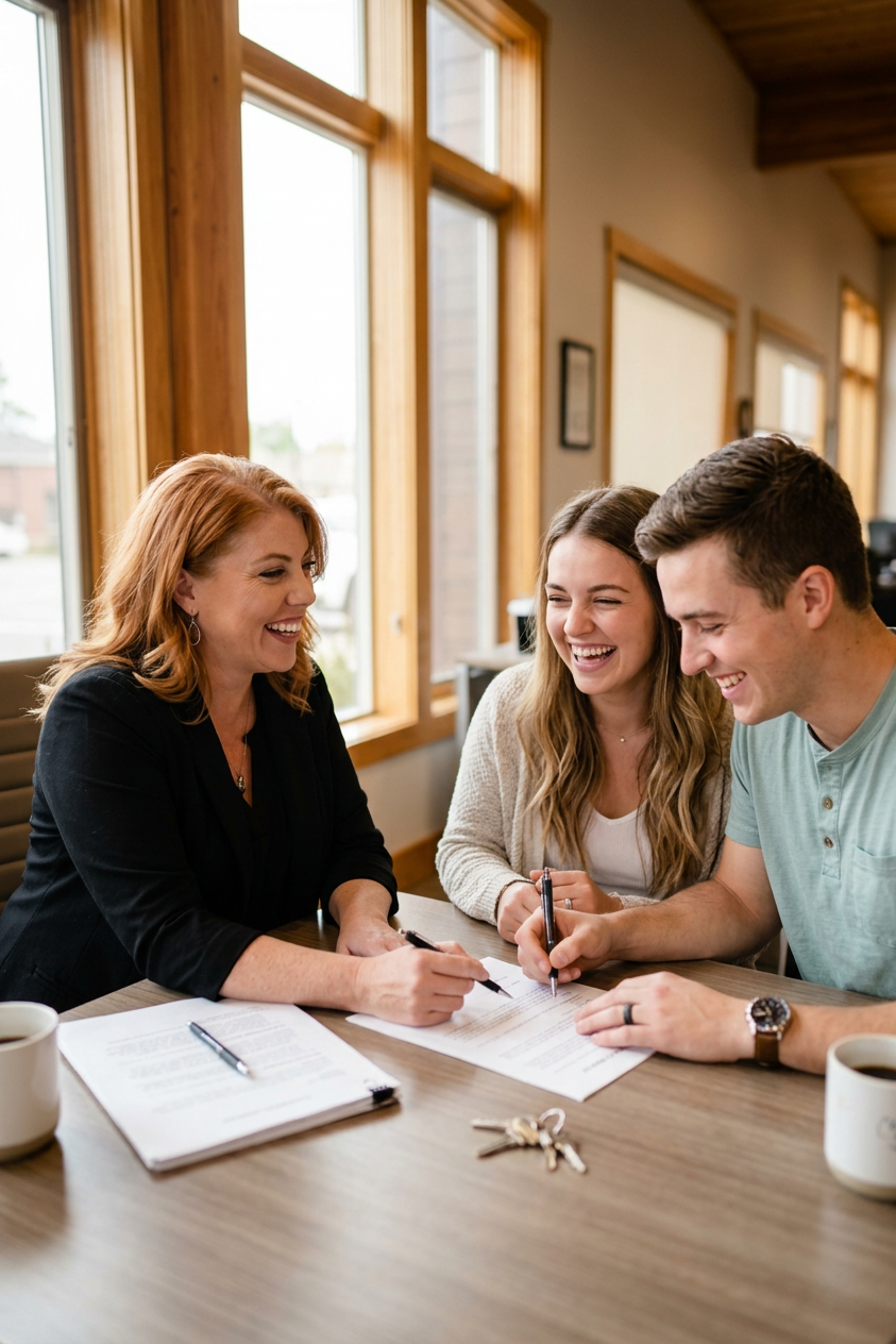 Amanda signing documents with clients